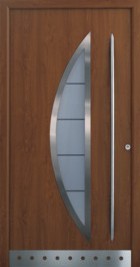 hormann front door with crescent powder coated in decograin golden oak
